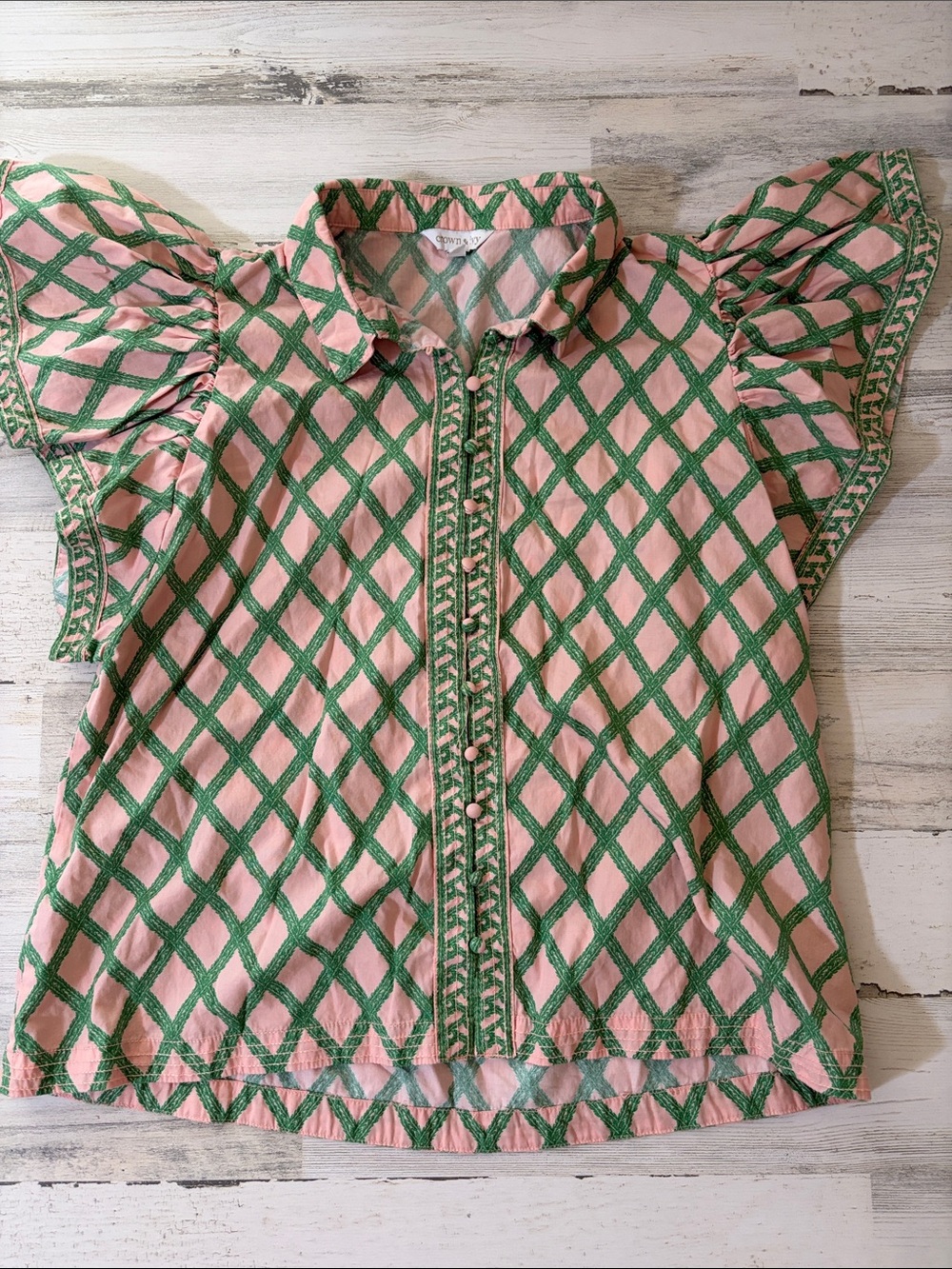 crown & ivy Pink Button-Front Top with Green Lattice